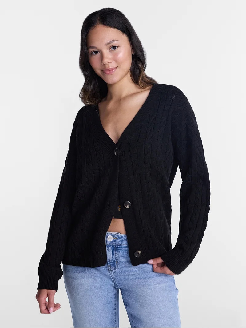 No Boundaries Cable Knit Grandpa Cardigan, Women's and Women's Plus XXS-4X | Walmart (US)