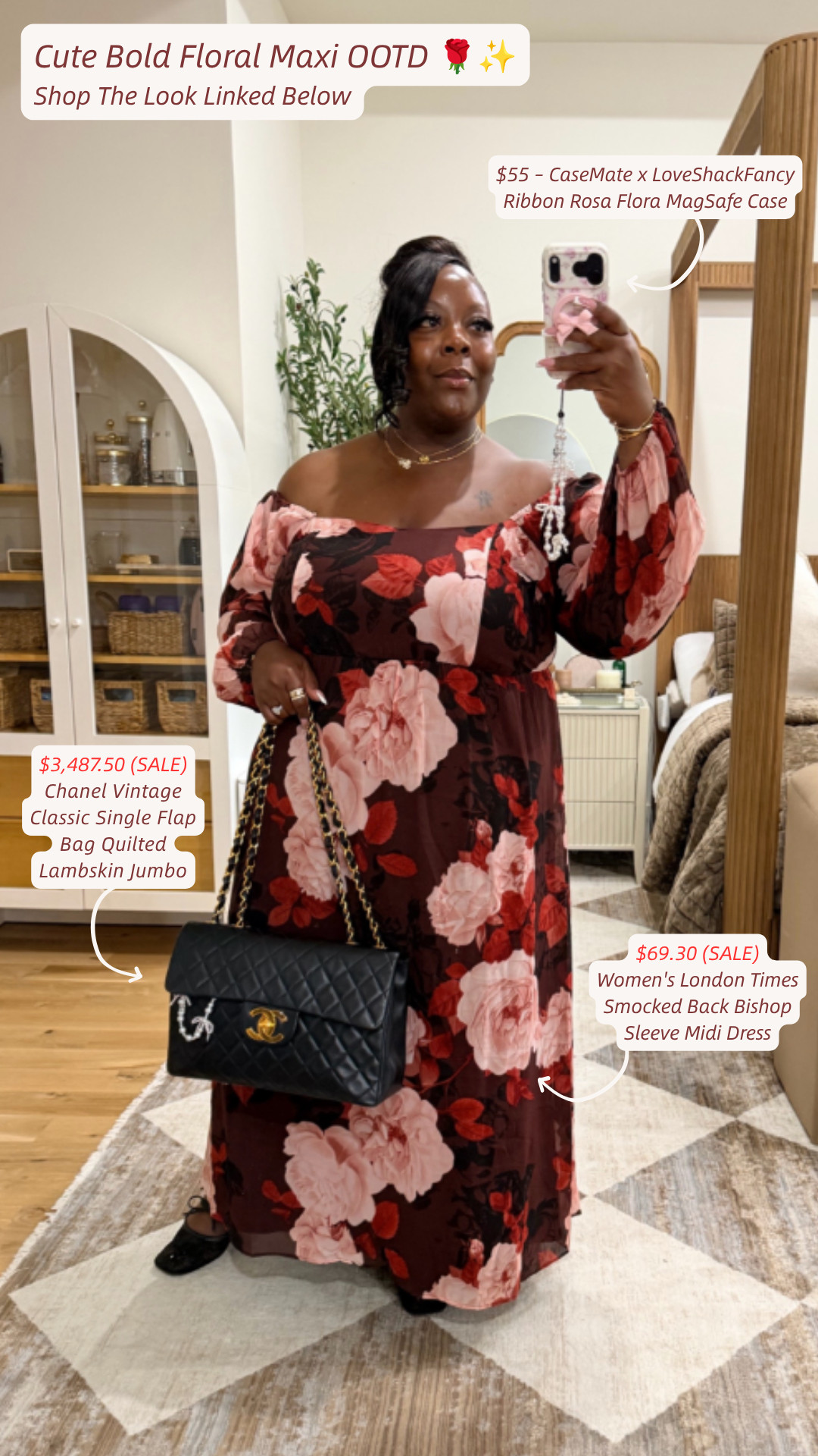 Obsessed with this cute and bold floral maxi! Perfect for an effortless day-to-night transformation. 🌹✨

I styled this London Times Smocked Back Bishop Sleeve Midi Dress with a vintage Chanel Classic Flap Jumbo in quilted lambskin and my CaseMate x LoveShackFancy MagSafe phone case to complete the look.



Shop the exact outfit details on my LTK shop! 🛒



Follow for more @OPERATION_NIKI on IG, TikTok, & Facebook

#OOTD #FloralDress #LondonTimes #ChanelClassicFlap #OperationNiki #LoveShackFancy #MaxiDressStyle #ChicOutfits #ShoppingHaul

#LTKootd #LTKMidsize #LTKPlusSize