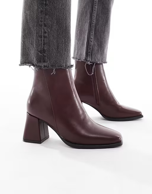 SEQWL block heeled mid ankle boots in cherry | ASOS (Global)
