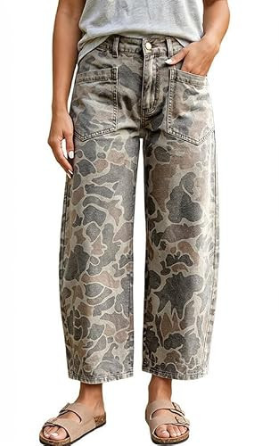 yoeasy Womens Camo Print Wide Leg Jeans Vintage Casual Barrel Denim Pants (X-Large, Camo) | Amazon (US)