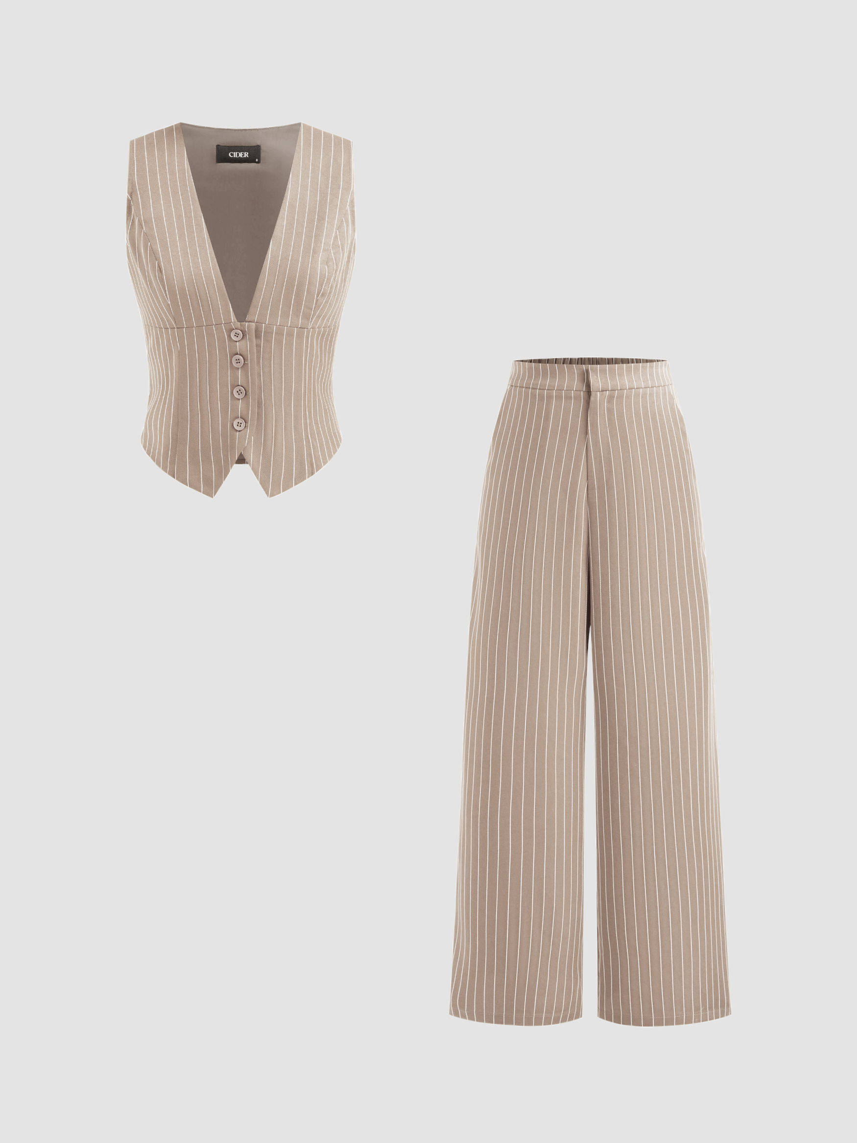 Woven V-neck Stripe Button Tank Top & Mid Rise Pocket Straight Leg Trousers Set For Work | Cider