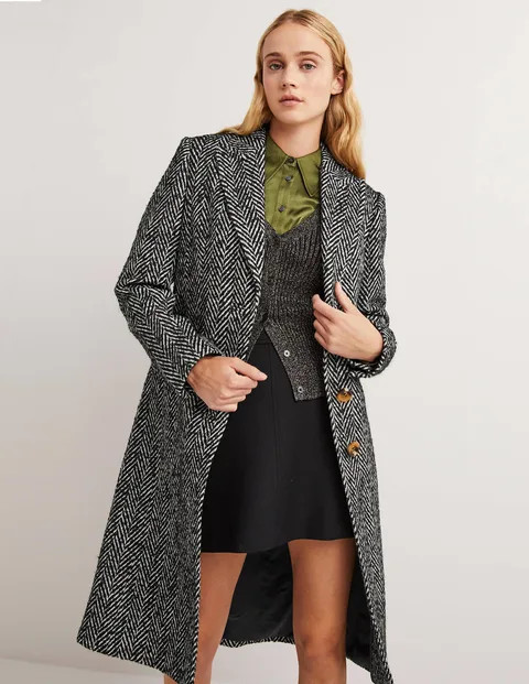 Wool Blend Tailored Coat - Black and Ivory Herringbone | Boden (US)