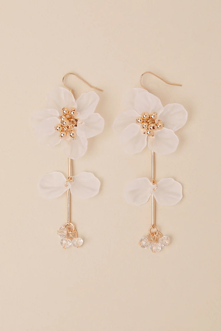Simple Decadence White and Gold Flower Drop Earrings | Lulus