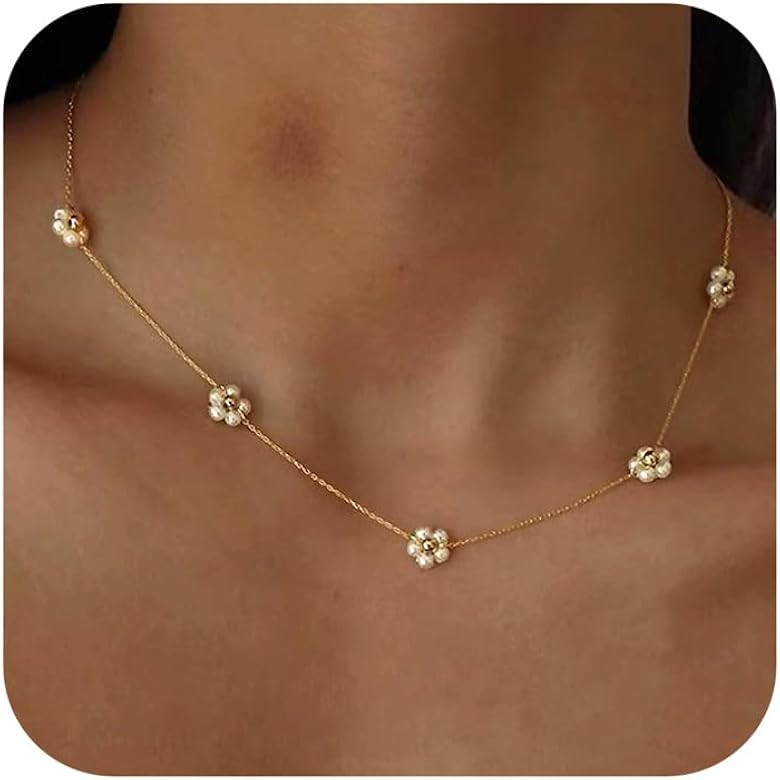 Tewiky Pearl Necklaces for Women, Dainty Gold Necklace 14k Gold Plated Single Pearl Necklace Simp... | Amazon (US)