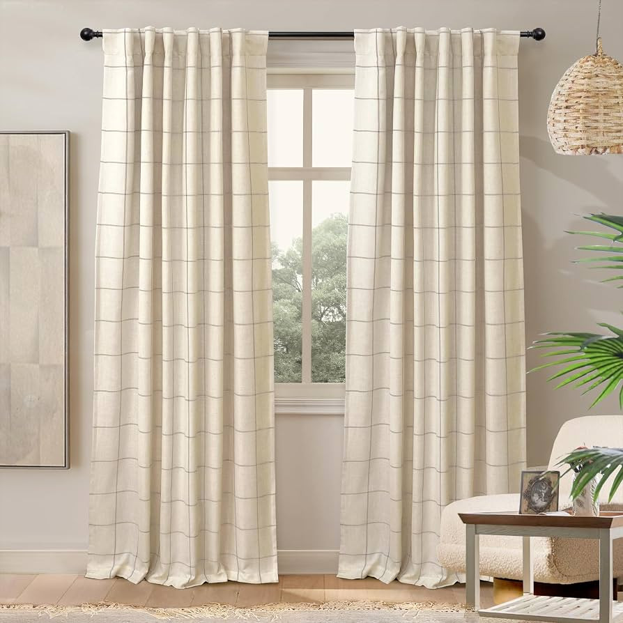 DriftAway 100% Blackout Plaid Linen Curtains 84 Inches Long 2 Panels Taupe | Amazon (US)