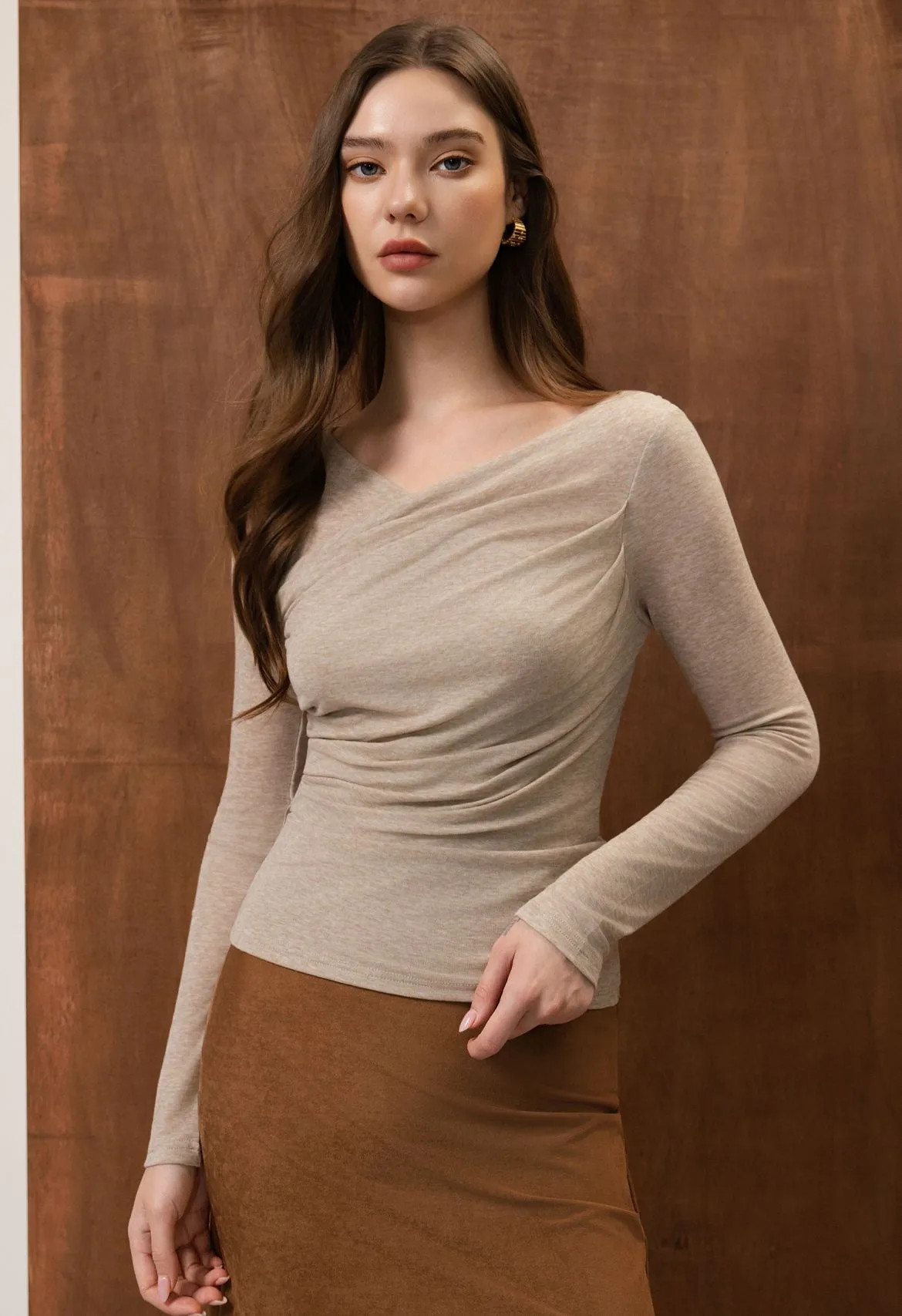 Cross Neck Ruched Detail Fitted Top in Oatmeal for Daily Outing & Casual Date | Chicwish