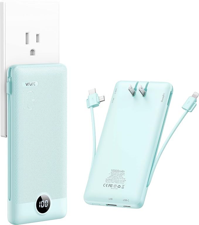 VRURC Portable Charger with AC Plug, 10000mAh Power Bank Built-in Cables, 5 Output Dual Input Sma... | Amazon (US)