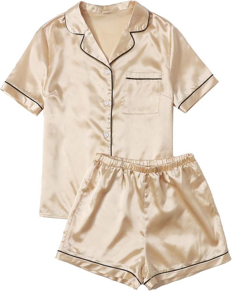 Women's Short Sleeve Sleepwear Button Down Satin 2 Piece Pajama Set | Amazon (US)