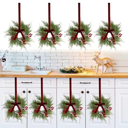 8Pcs Small Christmas Wreaths for Kitchen Cabinets - 9 Inch Mini Wreaths for Cabinets with Berry and Ribbon, Artificial Farmhouse Wreath Hanging Wreaths for Fireplace Front Door Chair Window Porch Wall | Amazon (US)