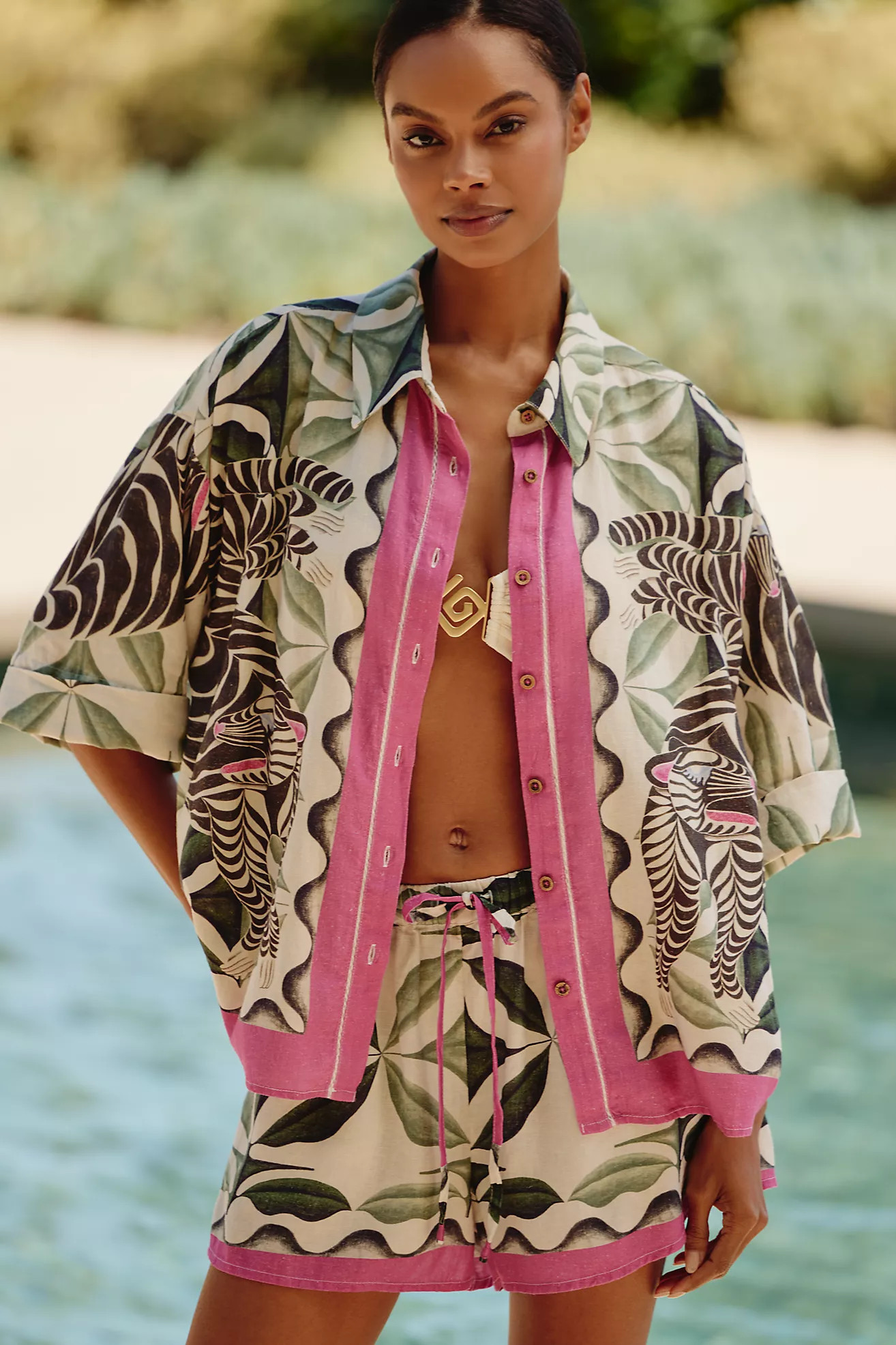 Carla Petelski x Celandine Short-Sleeve Linen-Blend Buttondown Shirt | Anthropologie (US)