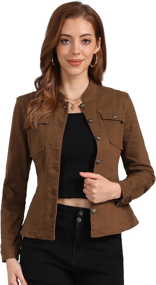 Allegra K Casual Denim Jacket for Women's Classic Stand Collar Long Sleeve Jean Jacket | Amazon (US)