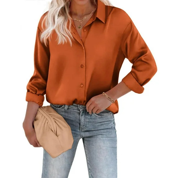 Zeagoo Women's Silk Button Down Shirts Long Sleeve Stain Blouses Dressy Casual Busines Spring Fal... | Walmart (US)