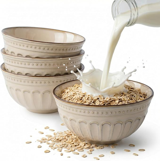 Cereal Bowls Set of 4, 20 oz Stoneware Soup Bowls for Oatmeal, Salad, Rice, Dessert, 6 inch Embos... | Amazon (US)