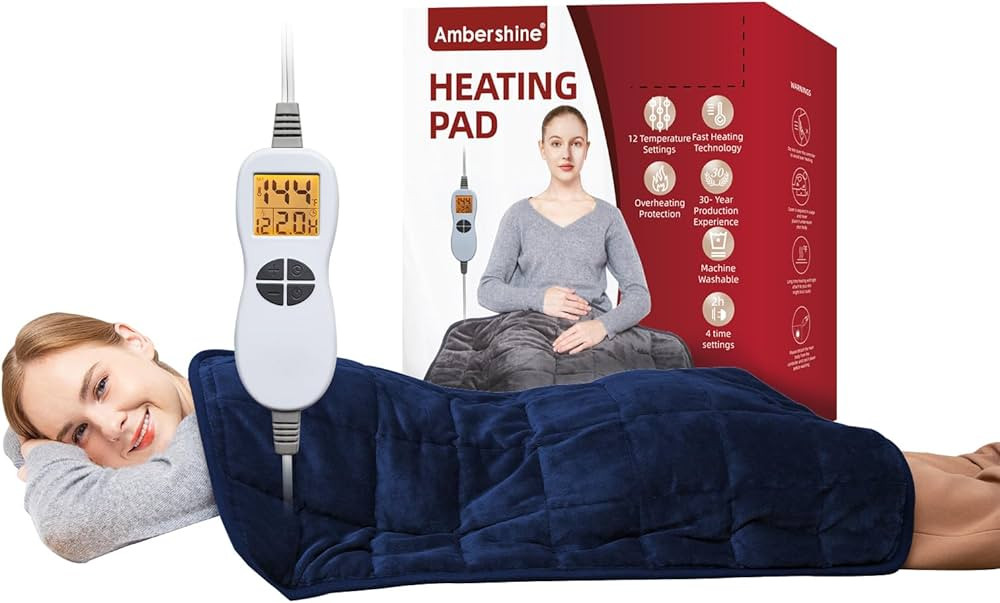 Ambershine 17''x33'' Weighted Heating Pad, 5.2lbs with 12 Temperature Settings & 4 Auto-Off Timer... | Amazon (US)