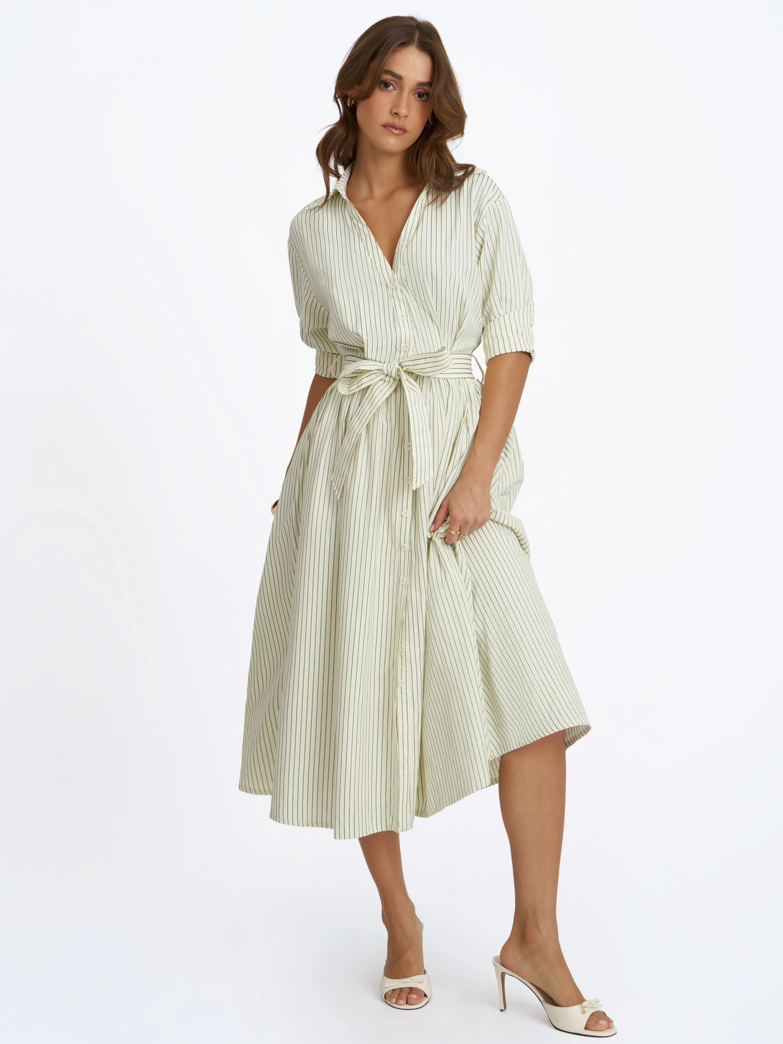 Danica Pine Green Bamboo Poplin Striped Shirt Midi Dress | Miss Circle