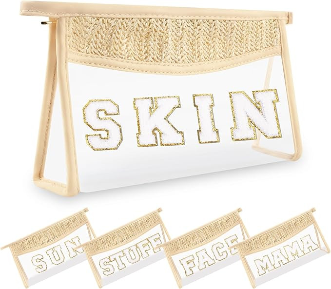 Amazon.com: Small Boho Straw Clear Hair Makeup Bags for Women&Girls, Zipper Cosmetic Bag Chenille... | Amazon (US)