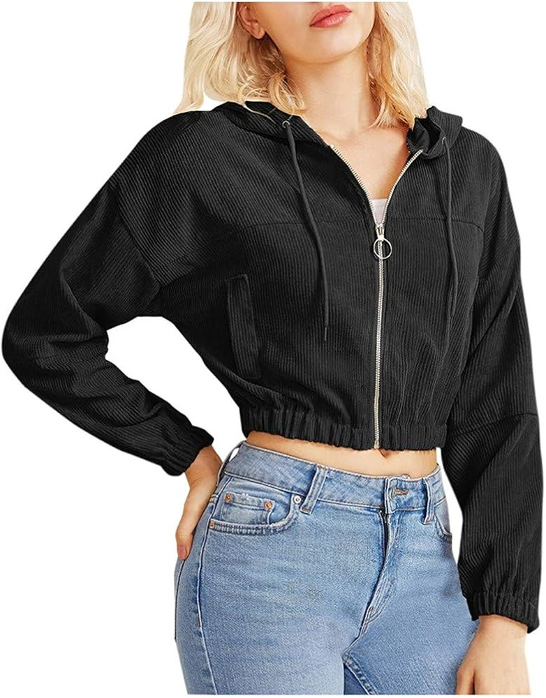 iCJJL Women's Zip Up Cropped Hoodie Drawstring Long Sleeve Casual Sports Workout Crop Top Sweatsh... | Amazon (US)