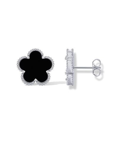 PAVOI Rhodium Plated Clover Earrings for Women | Clover Stud Earrings Onyx Gemstone Lucky Flower Design - Elegant Trendy Jewelry - White | Amazon (US)