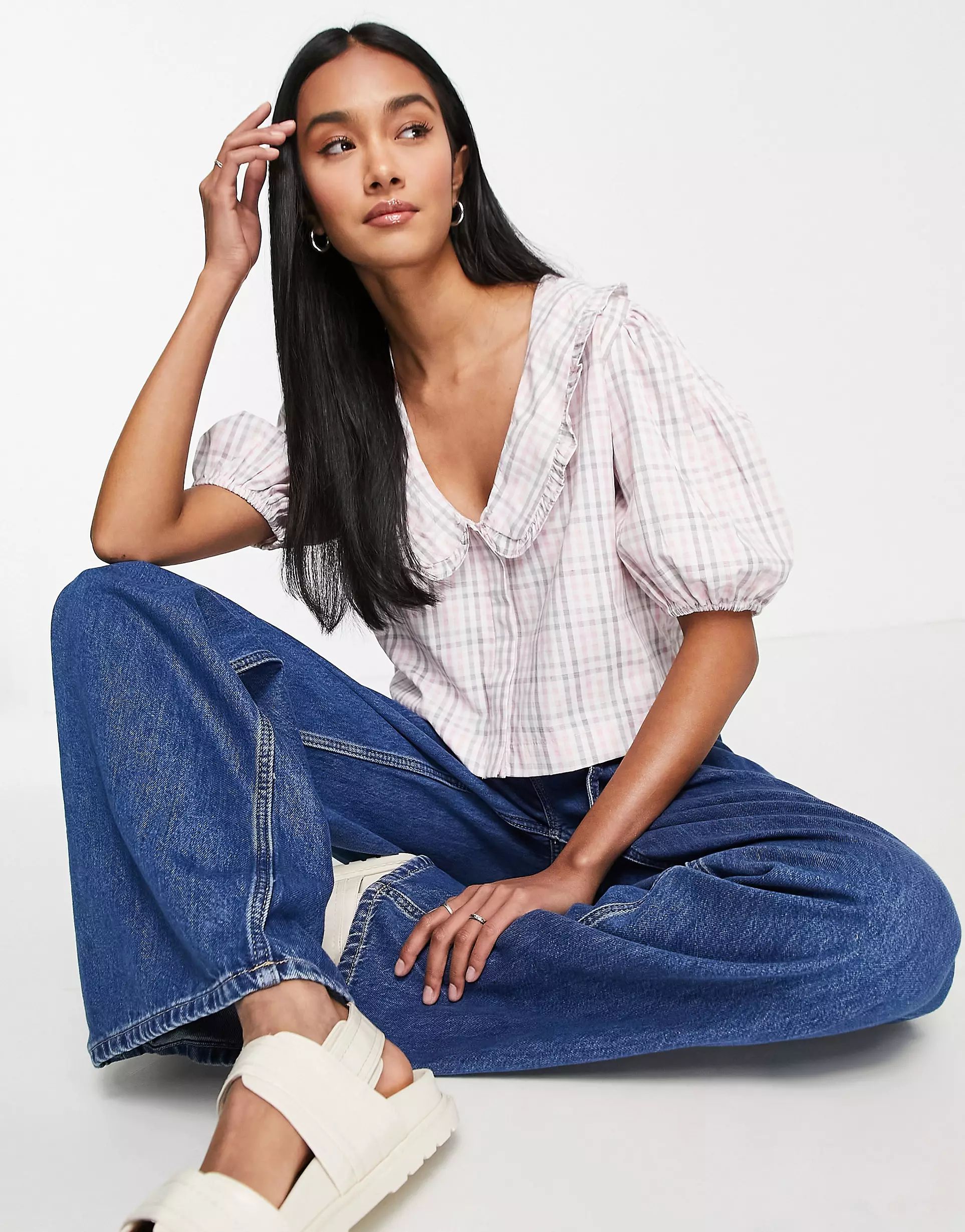 French Connection button front blouse with collar in pink check | ASOS (Global)