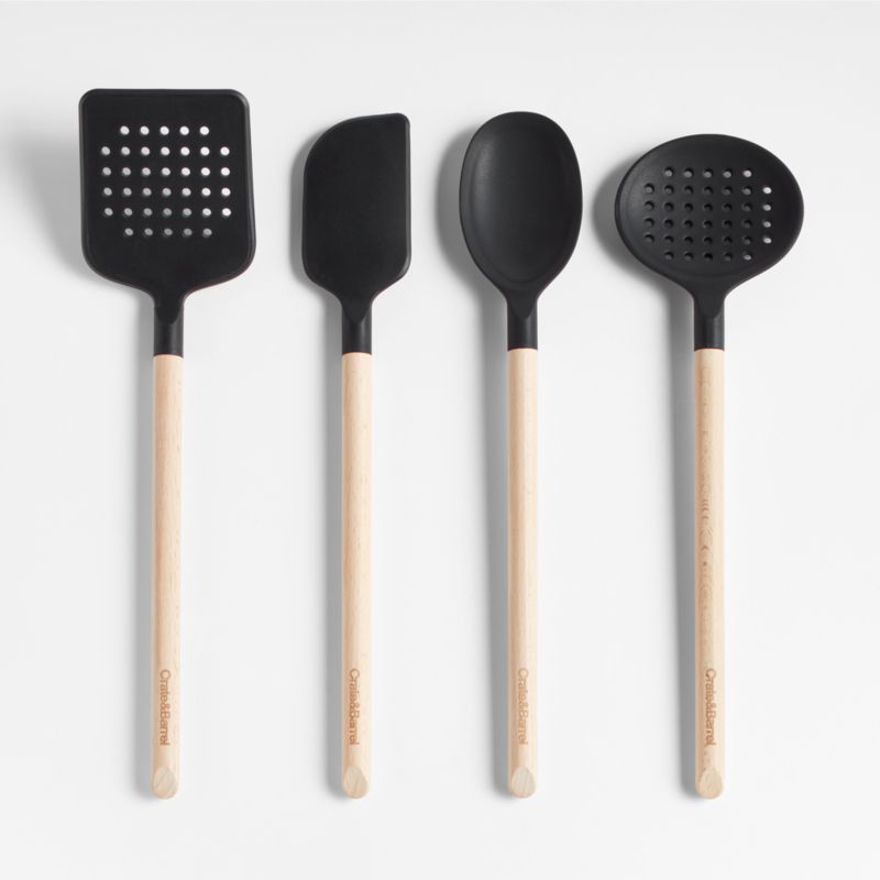 Crate & Barrel Wood and Black Silicone Utensils, Set of 4 + Reviews | Crate & Barrel | Crate & Barrel