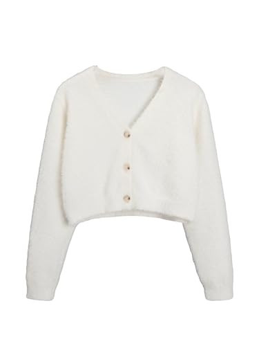 Floerns Girls V Neck Long Sleeve Button Front Knit Cardigan Crop Top White 140 | Amazon (US)