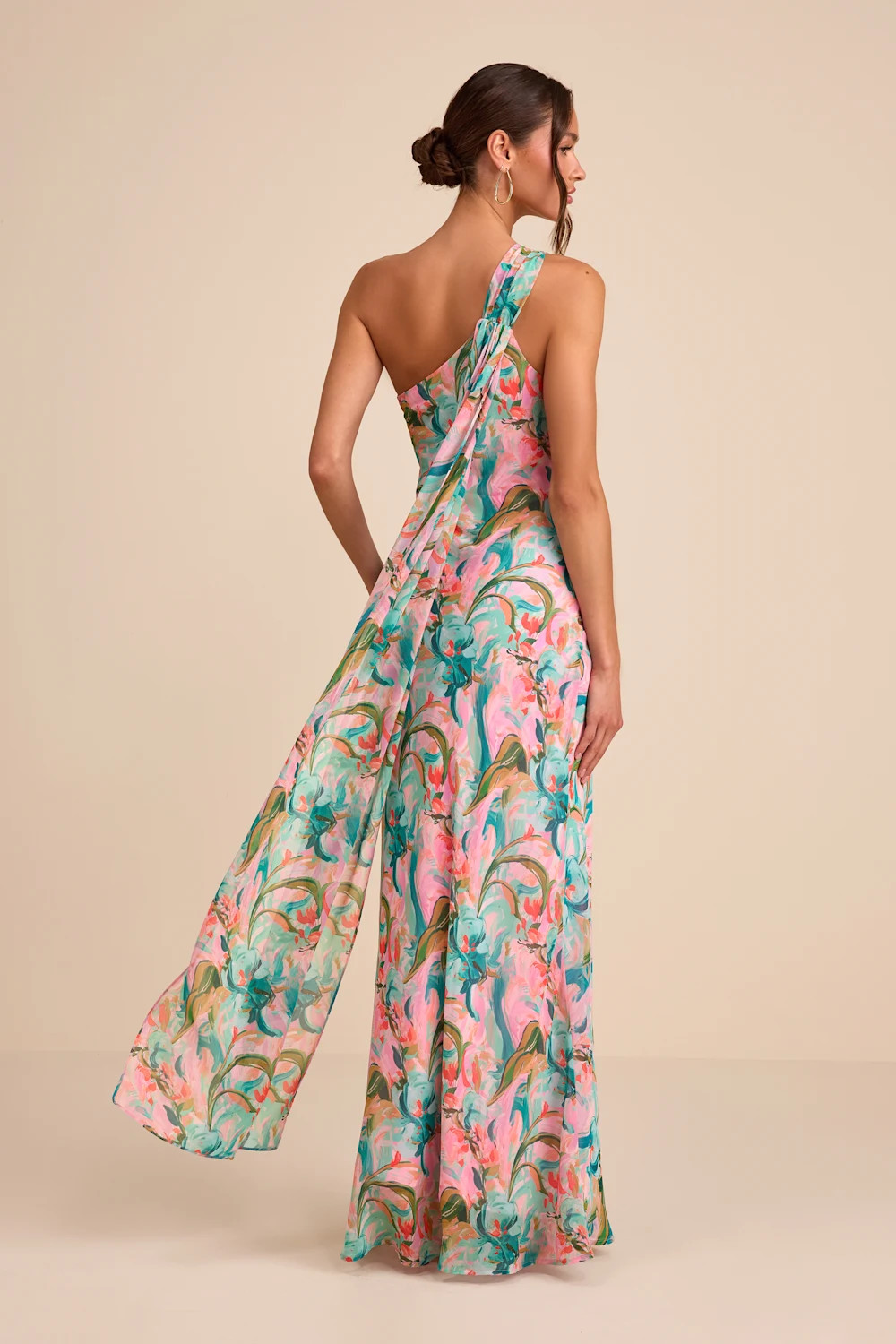 Mikesha Pink Multi Abstract One-Shoulder Sash Maxi Dress | Lulus