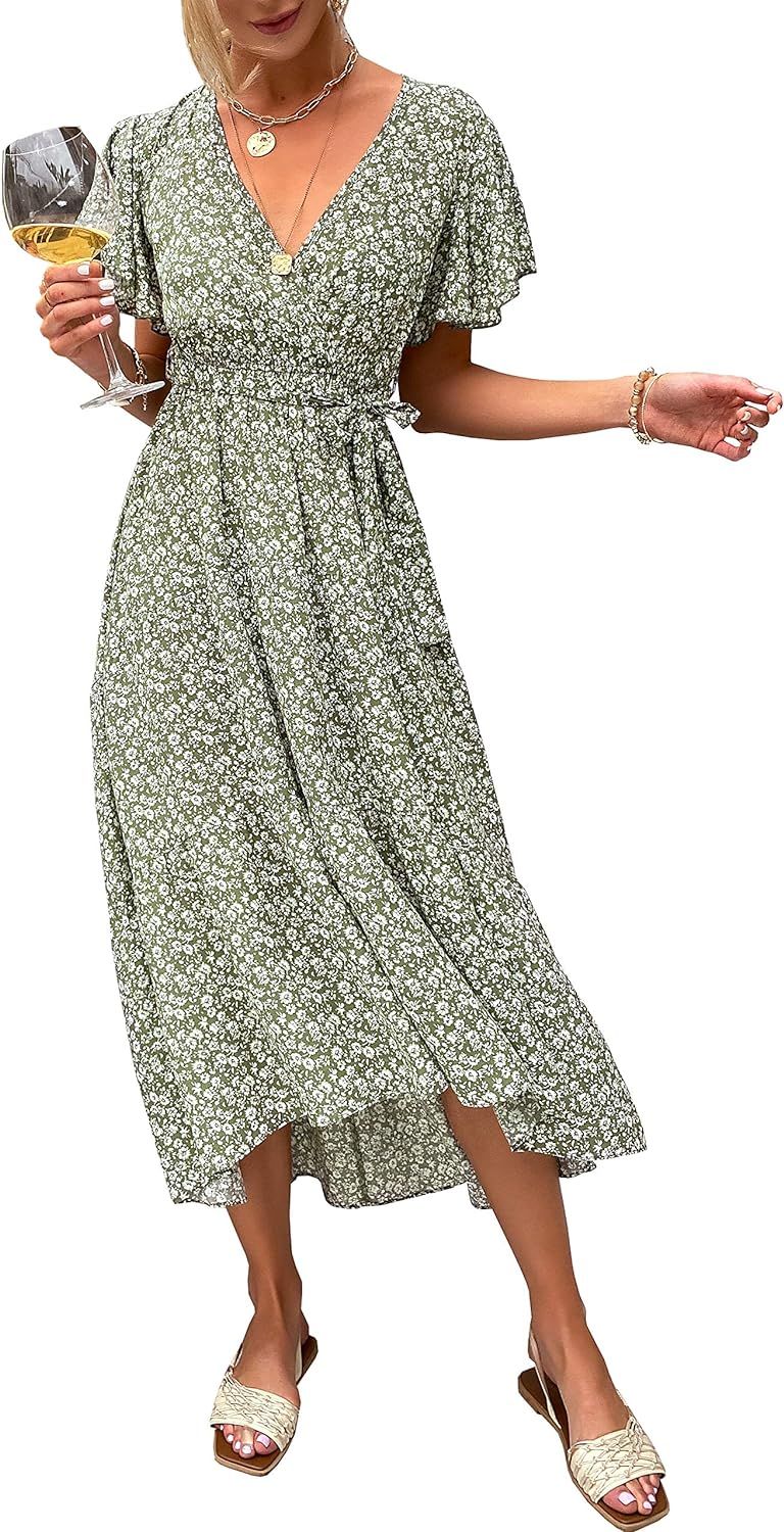 Miessial Women's Boho V Neck Floral Chiffon Dress Backless Beach Split Maxi Dress with Belt | Amazon (US)
