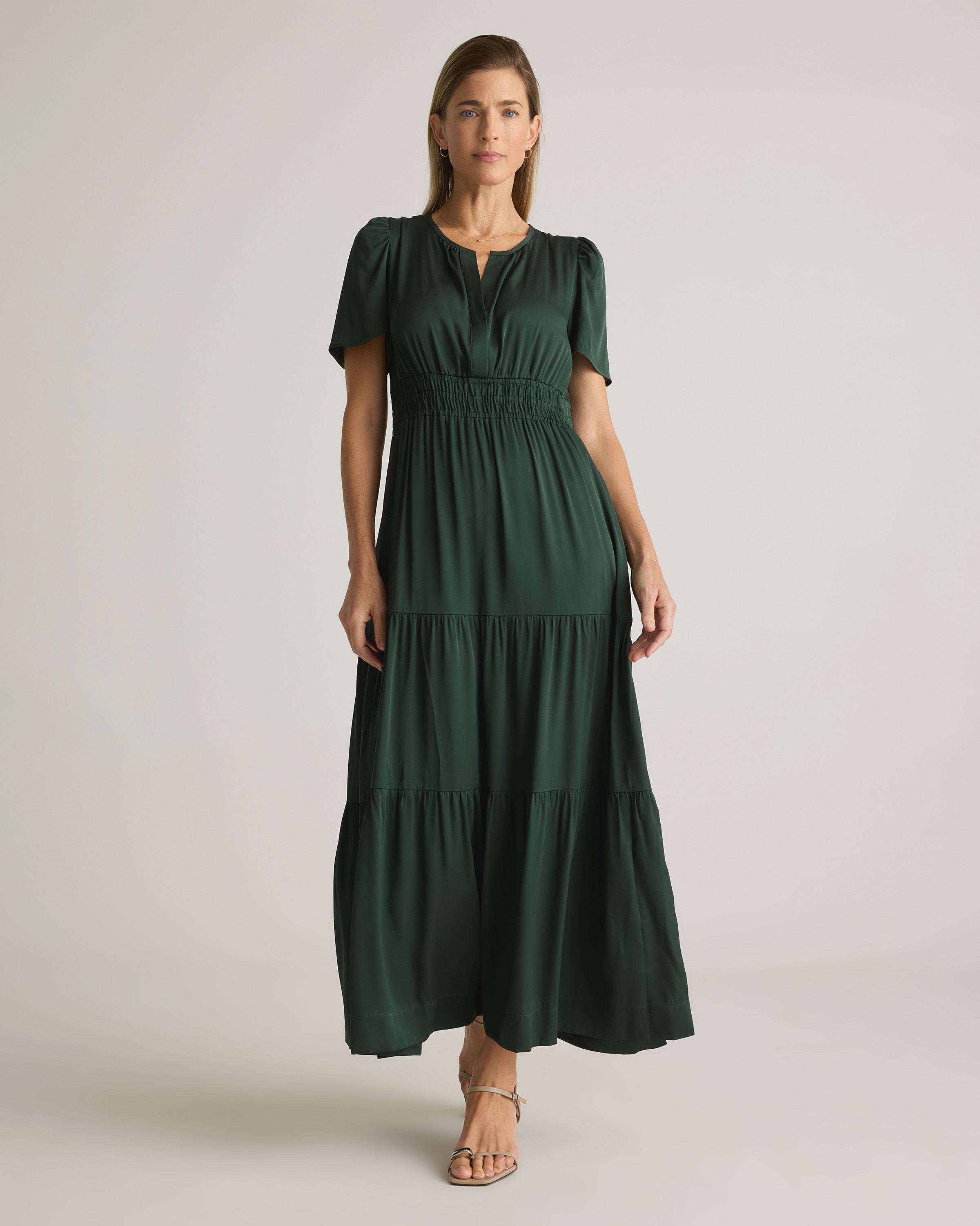 Quince | Women's Washable Stretch Silk Tiered Maxi Dress in Forest Green, Size Small | Quince