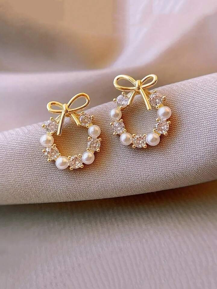 1 Pair Faux Zirconia & Pearl Flower Earrings, Ideal As Christmas Gift Valentines | SHEIN