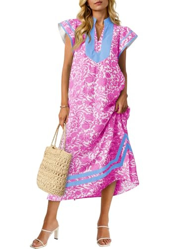 Wenrine Womens Summer Floral Maxi Dress Casual Short Cap Sleeve V Neck Color Block Side Slit Loos... | Amazon (US)
