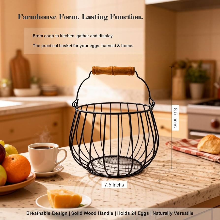 Farmhouse Egg Basket for Gathering Fresh Eggs - 24 Egg Capacity Wire Basket with Wood Handle, Chi... | Amazon (US)