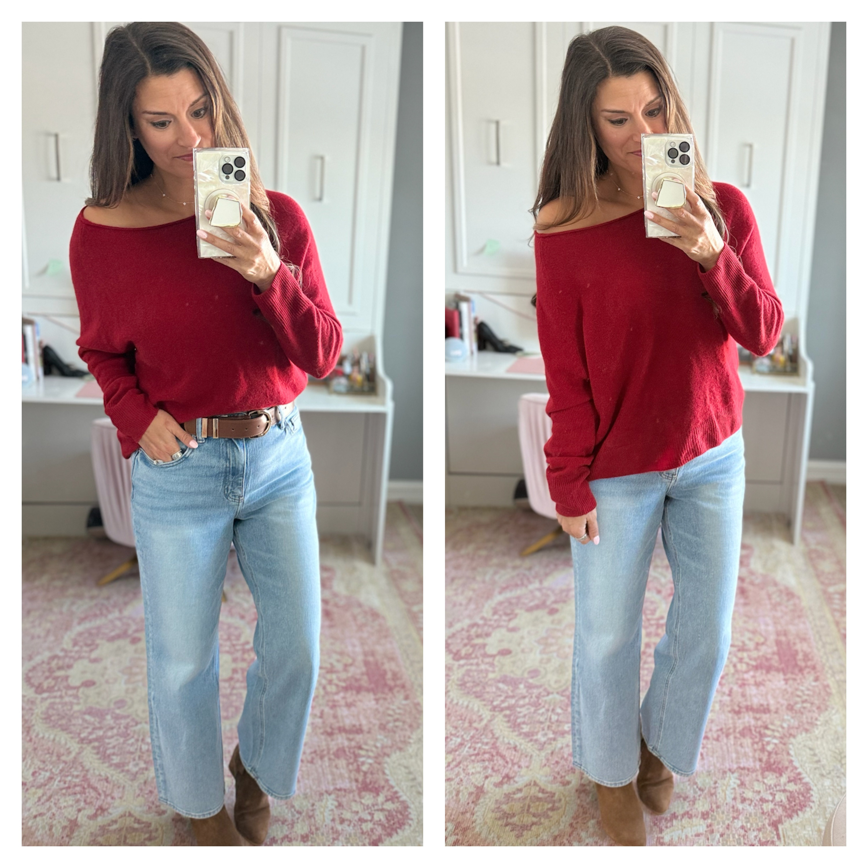  Cashmere red sweater with jeans from Quince

 