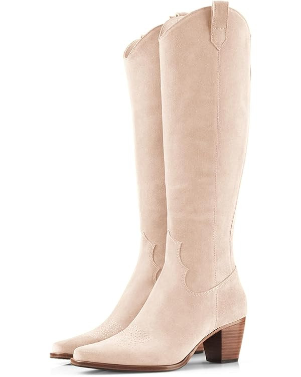 Women Cowboy Knee High Boots Chunky Block Heel Square Toe Tall Riding Boots | Amazon (US)