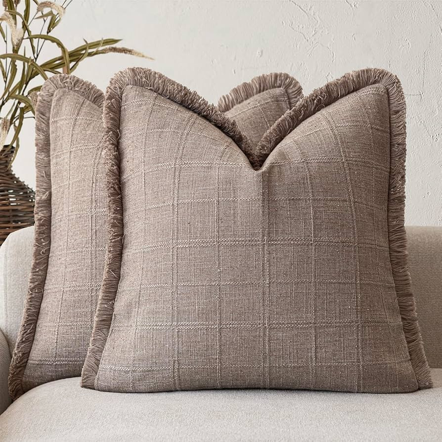 Foindtower Set of 2 Decorative Linen Check Fringe Throw Pillow Covers Farmhouse Vintage Cushion C... | Amazon (US)