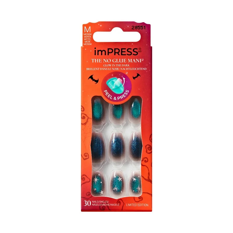 KISS imPRESS Design  Press on Nails, Superstitious, Green, Medium Coffin, 30 Count | Walmart (US)