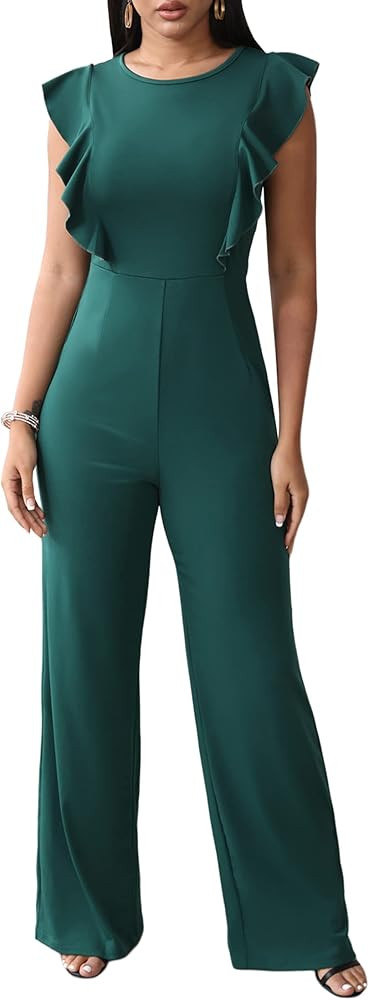 Womens Jumpsuits Romper Crew Neck Ruffle Sleeve High Waist Wide Leg One Piece Casual Outfits | Amazon (US)