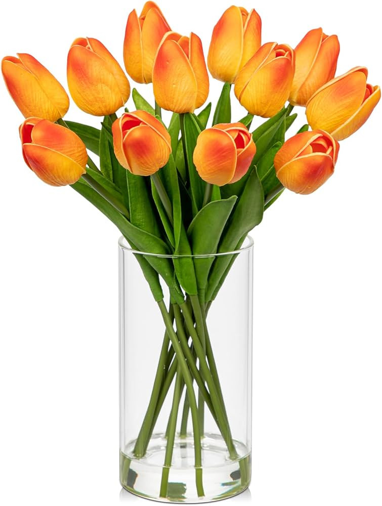 DILATATA 12 Pcs Artificial Real Touch Orange Tulips in Glass Vase with Faux Water, Small Tulip Ar... | Amazon (US)