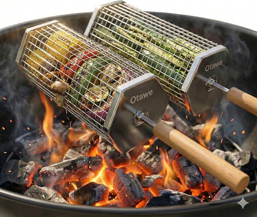 2 Pack Rolling Grill Basket – Stainless Steel Grilling Basket with Lid and Removable Wooden Handle – BBQ Accessories for Vegetables, Shrimp, Meat – Outdoor Cooking Gift for Dad or Husband – Otawe | Amazon (US)