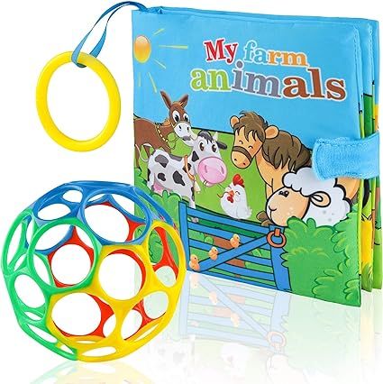 Baby Toy Gift Set - sensory toys Crinkle Baby Book & Ball Teether & Educational Soft Toys, Infant... | Amazon (US)