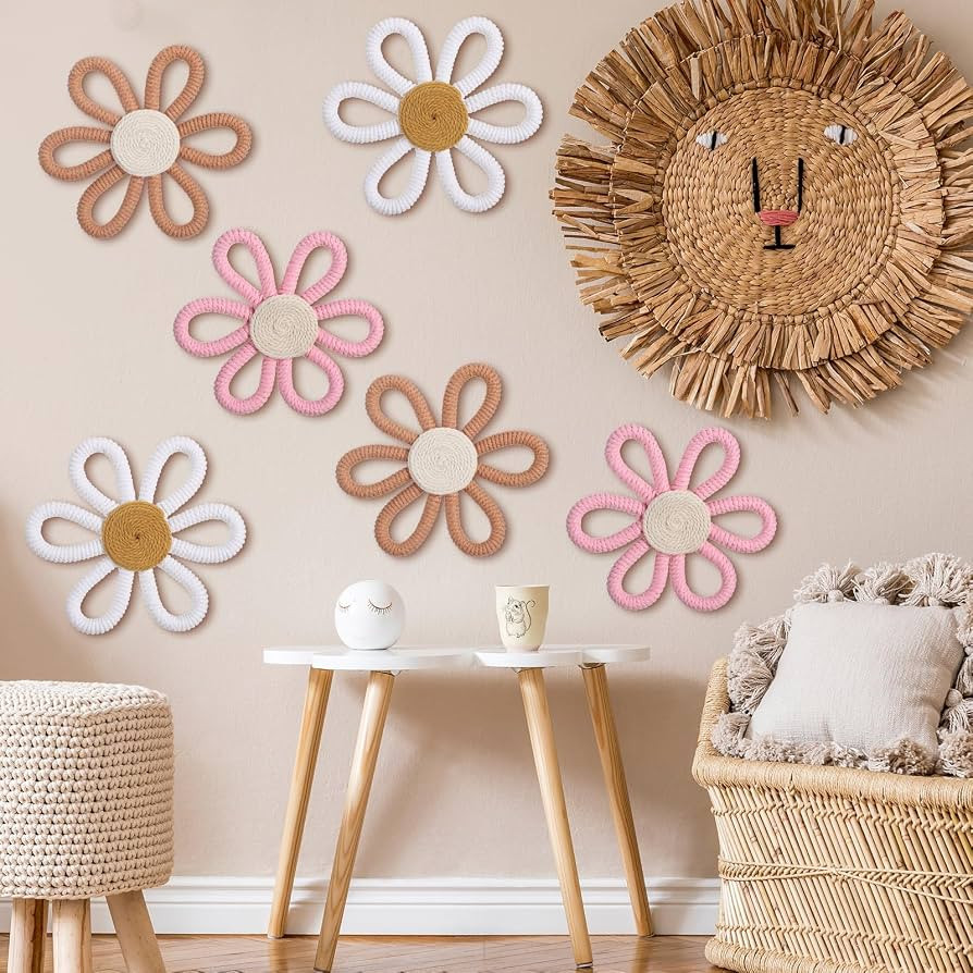 Zeyune 6 Pcs Boho Daisy Flower Wall Art Decor Boho Daisy Floral Nursery Art Decor Woven Macrame W... | Amazon (US)
