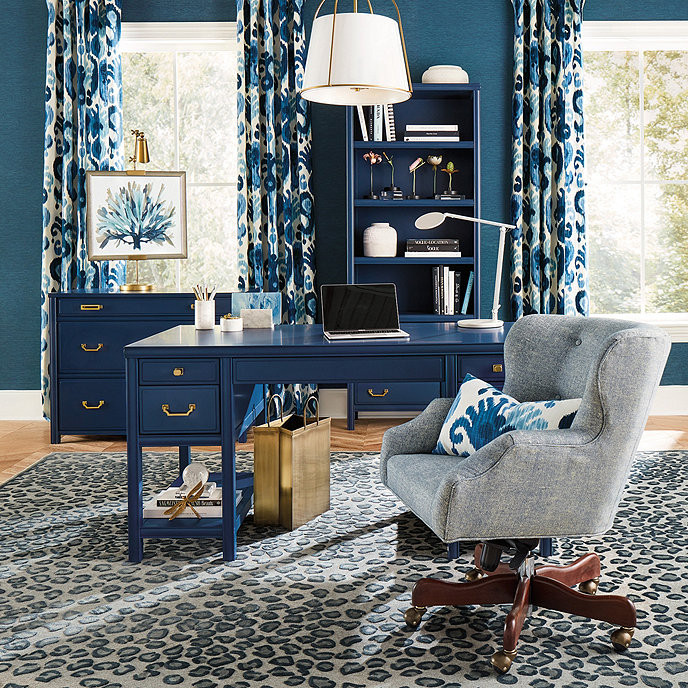 Aman Modern Kneehole Writing Table Desk with Drawers Navy Blue | Ballard Designs, Inc.