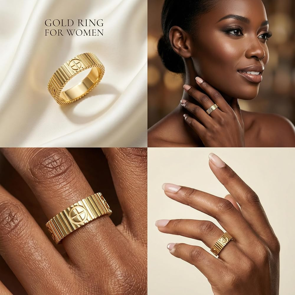 PDWZNBA Mothers Day Gifts for Mom Linear Stripe Textured Ring | 14K Gold-Plated Stainless Steel P... | Amazon (US)