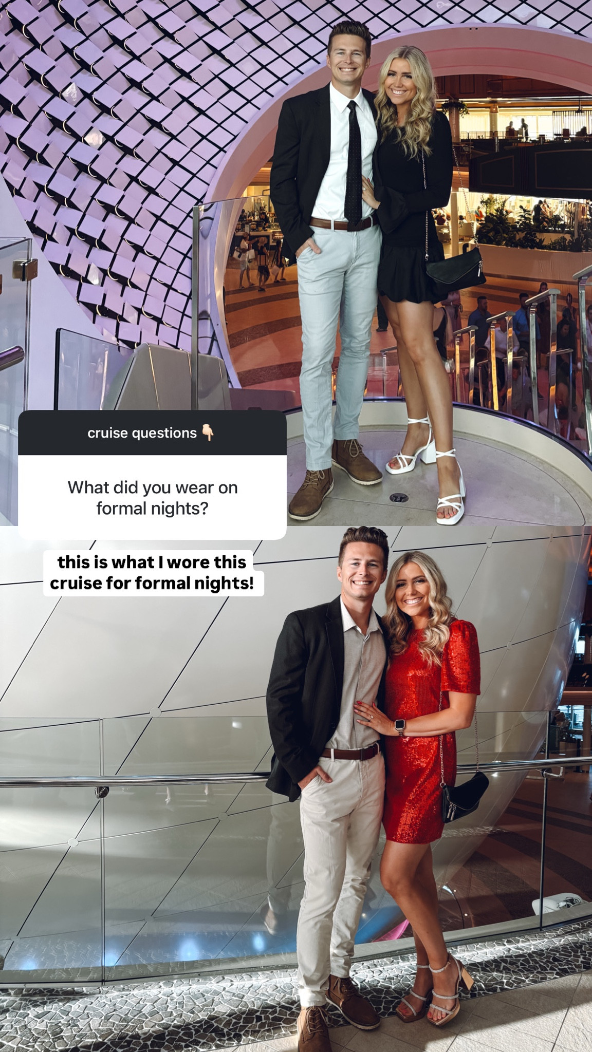 Formal night outfits on the cruise! Both dresses come in more colors!
Black dress: sized up one to L
Red dress: wearing M
Heels: true to size 