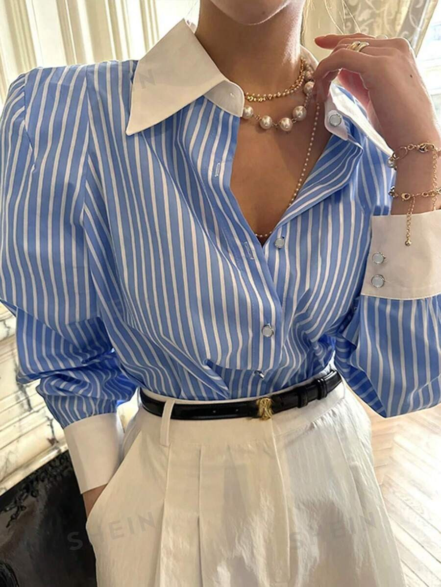 SHEIN Essnce Striped Print Button Front Shirt | SHEIN