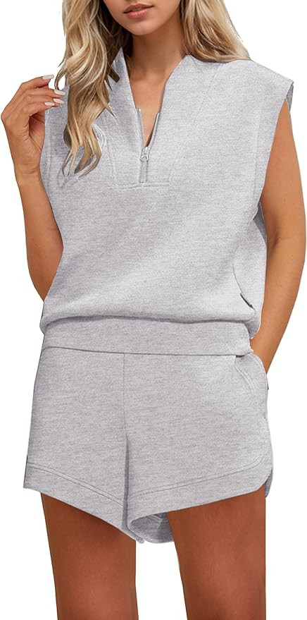 Women Two Piece Outfits Half Zip Sweatshirt Shorts Set Cap Sleeve Sweatshirt High Drawstring Wais... | Amazon (US)
