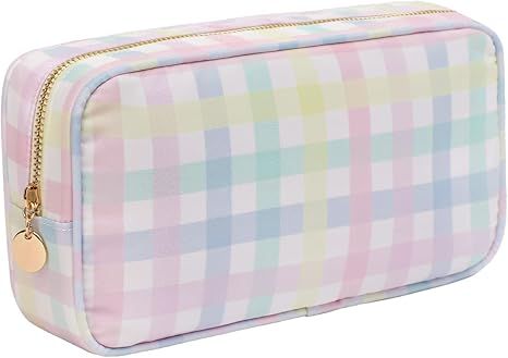 MONOBLANKS Nylon Small Makeup Pouch Bag Cute Travel Cosmetic Bag for Women and Girls（Plaid） | Amazon (US)