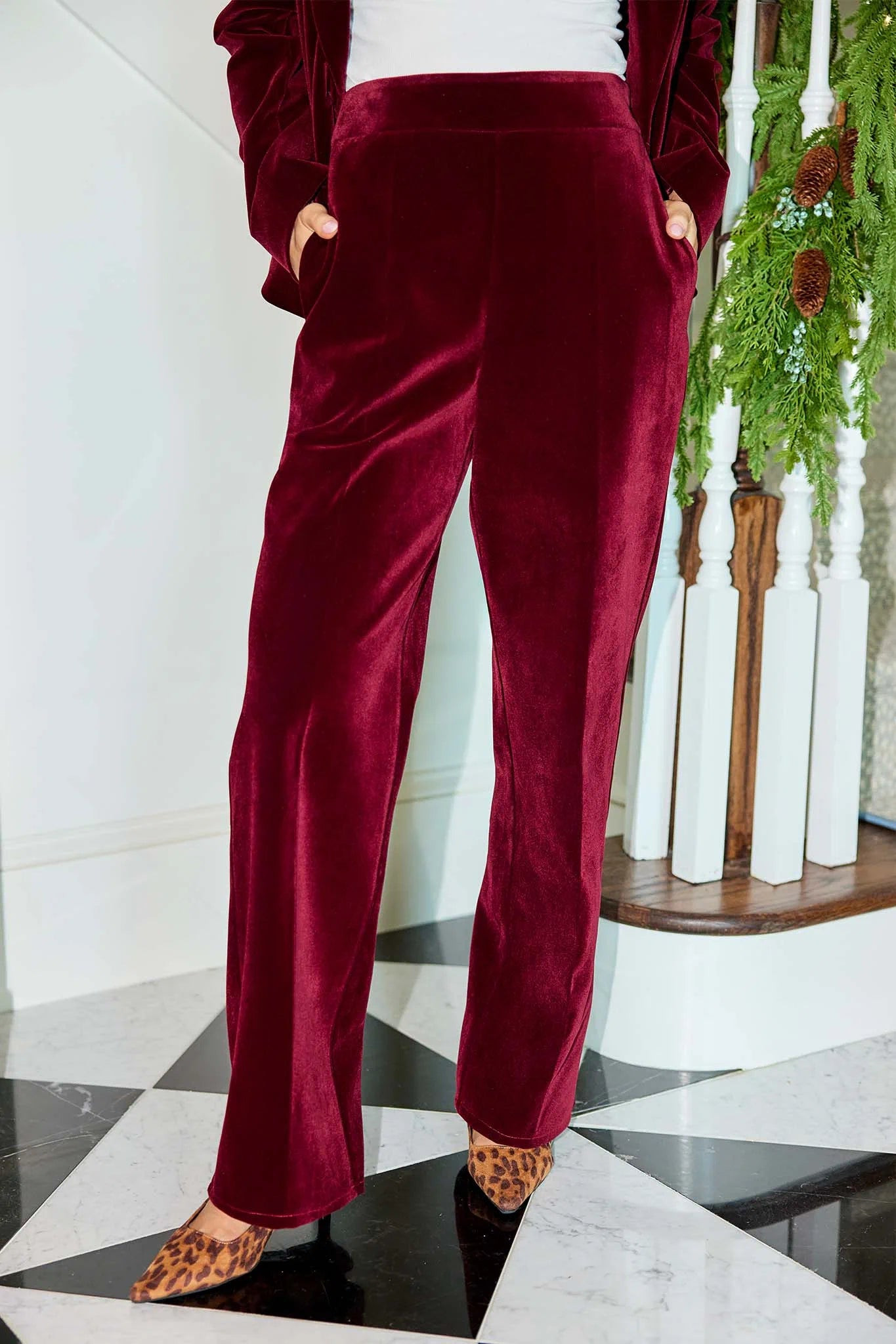 Evie Cranberry Velvet Pants | Avara