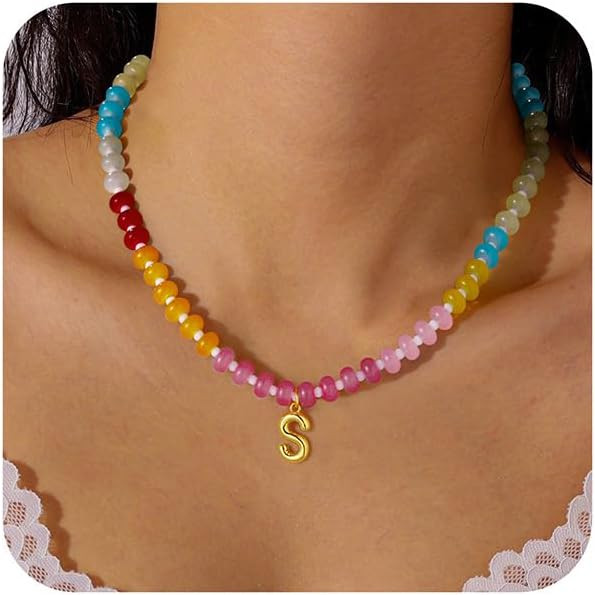 Turandoss Colorful Beaded Initial Necklaces for Women - Boho Bead Necklace Gold Bubble Letter Pen... | Amazon (US)