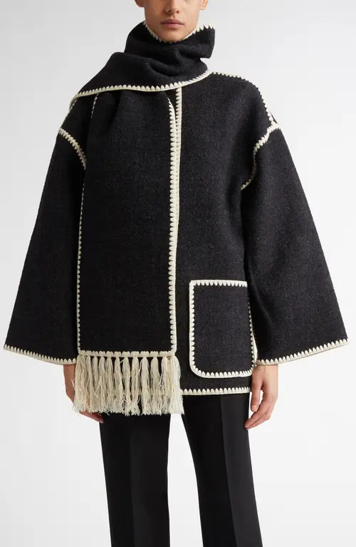 TOTEME Chain Stitch Wool Blend Scarf Jacket in Dark Grey Melange 083 at Nordstrom, Size 8 Us | Nordstrom