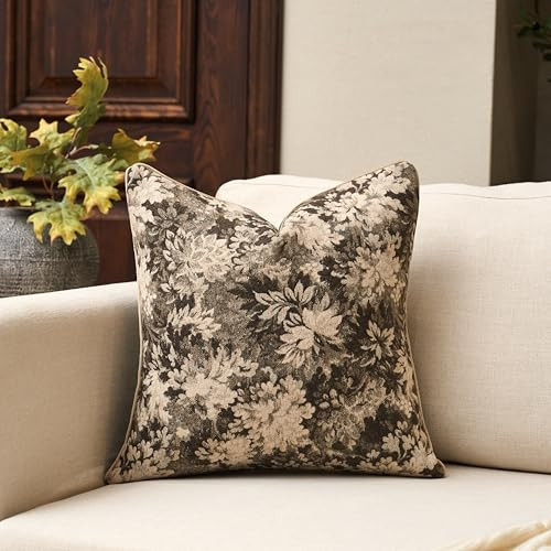 Yangest Neutral Floral Pillow Cover 18 x18 Inches, Vintage Chenille Square Throw Pillow Cover Soft Decorative Farmhouse Accent Couch Pillow Cover for Living Room Bedroom, Grey | Amazon (US)